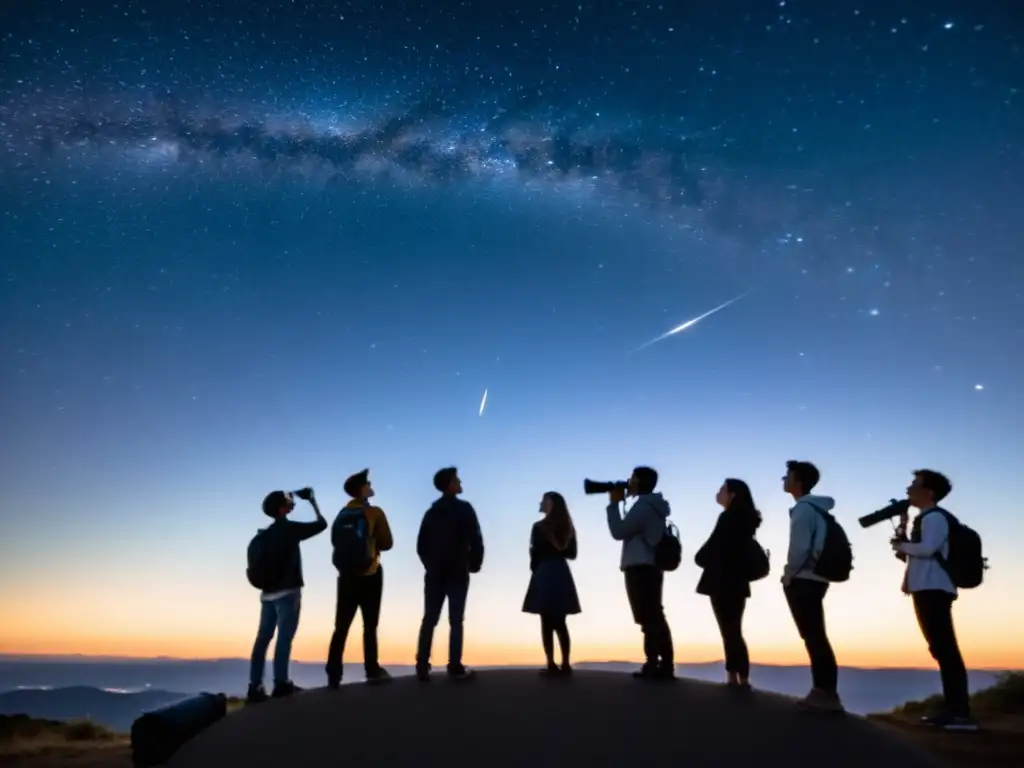 Estudiantes asombrados observando el cielo estrellado Estudiantes observando el universo a través de un telescopio, con aplicaciones educativas en astronomía