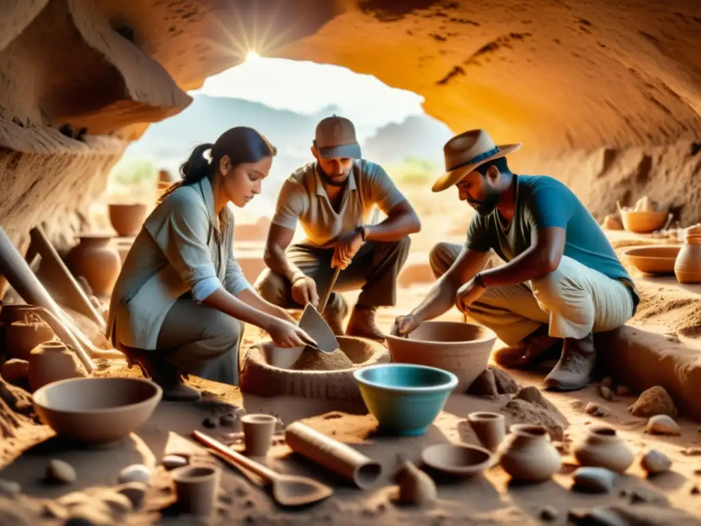 Excavación de tesoros antiguos: descubriendo la historia en 8K Una expedición arqueológica descubre tesoros de antiguas civilizaciones en la mágica luz dorada del yacimiento remoto