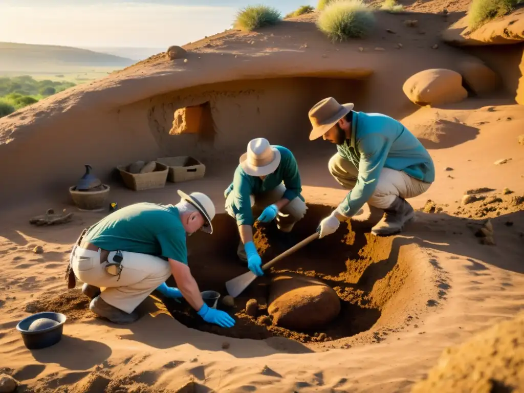 Excavación arqueológica revela misterios antiguos Expediciones arqueológicas antiguas civilizaciones: Equipo de arqueólogos descubriendo tesoros enterrados con meticulosidad y pasión al amanecer