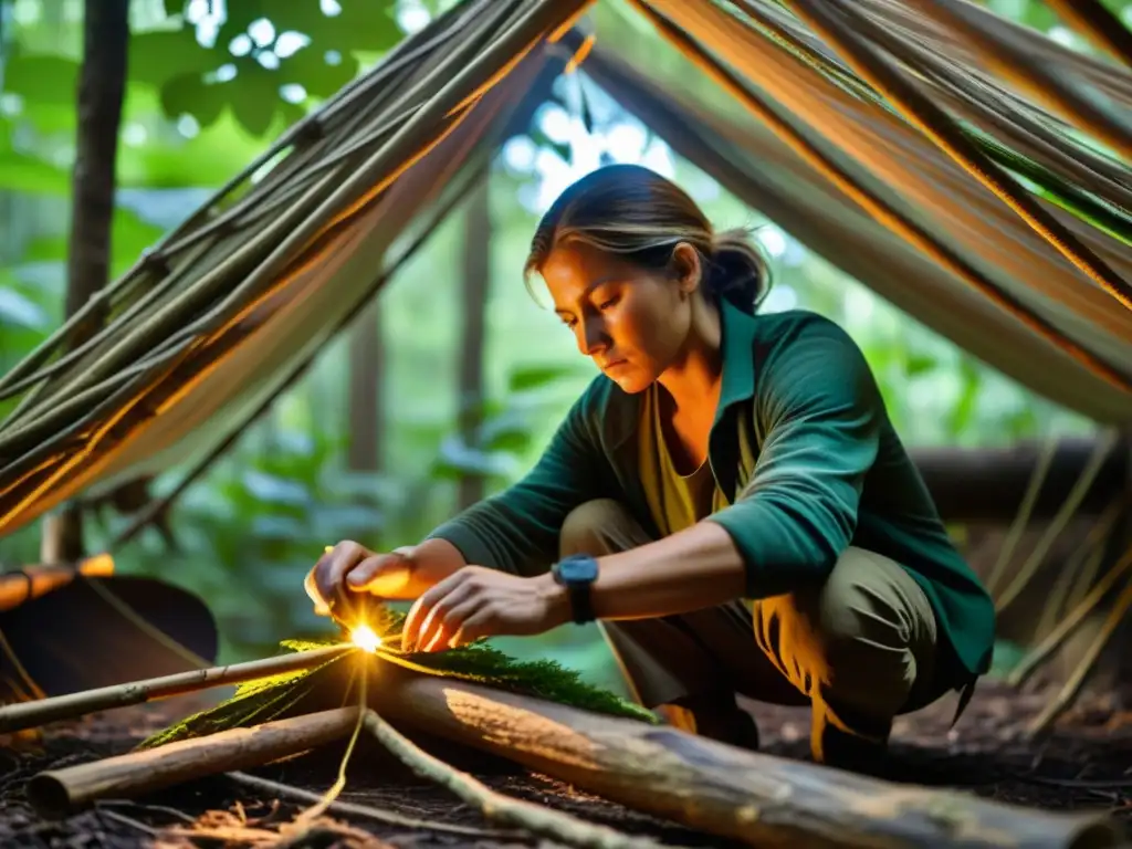 Maestro superviviente construye refugio en selva exuberante Un experto en supervivencia crea refugio con técnicas antiguas en un frondoso bosque