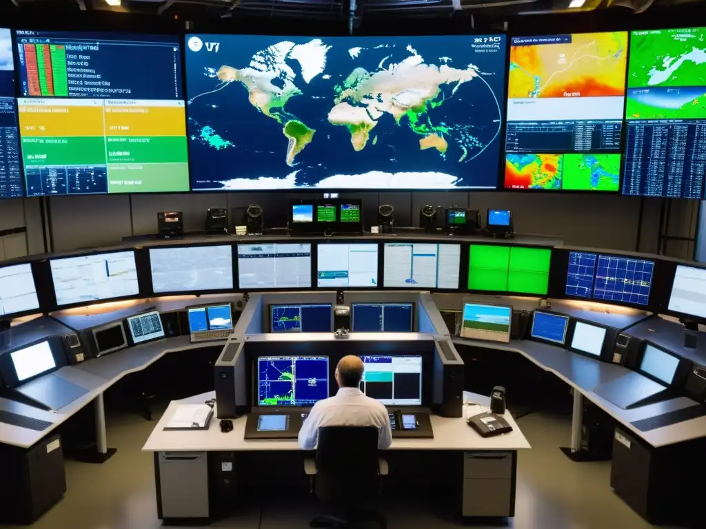 Expertos en meteorología monitorean datos de precisión en un centro de investigación, con instrumentos avanzados para pronósticos meteorológicos