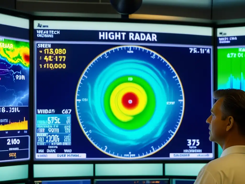 Expertos analizan radar meteorológico en tiempo real Expertos analizan detalladamente un radar meteorológico de alta tecnología en una sala de control, preparándose para una tormenta