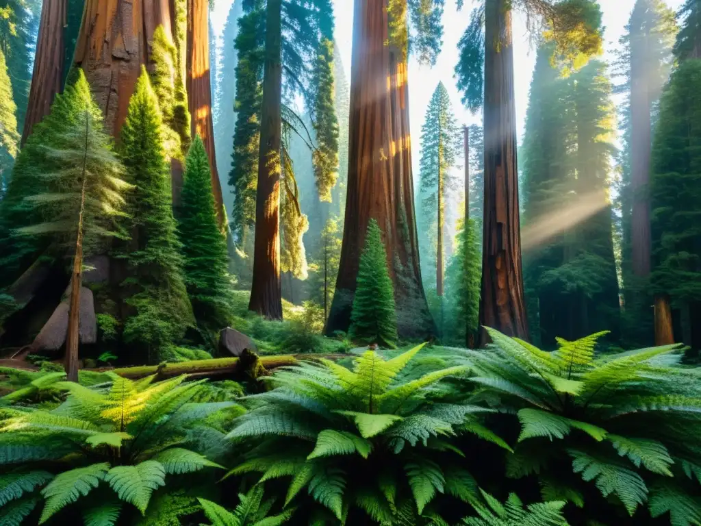 Majestuosos sequoias: belleza en 8K Exploración de bosques de secuoyas milenarias con luz dorada filtrándose entre los árboles y musgo verde vibrante en el suelo del bosque