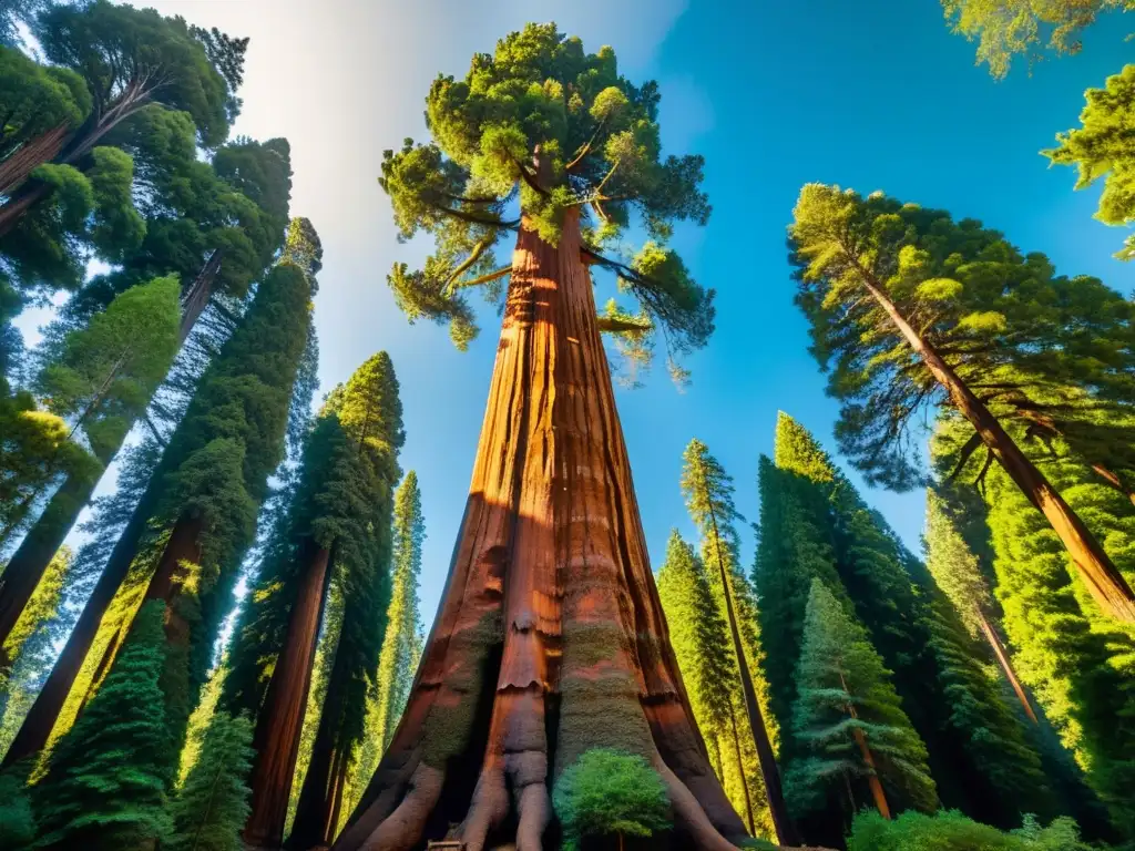 Secuoya gigante: majestuosidad centenaria en el bosque Exploración de bosques de secuoyas milenarias: majestuoso árbol se alza en un vibrante bosque, filtrando la luz del sol entre su frondoso dosel