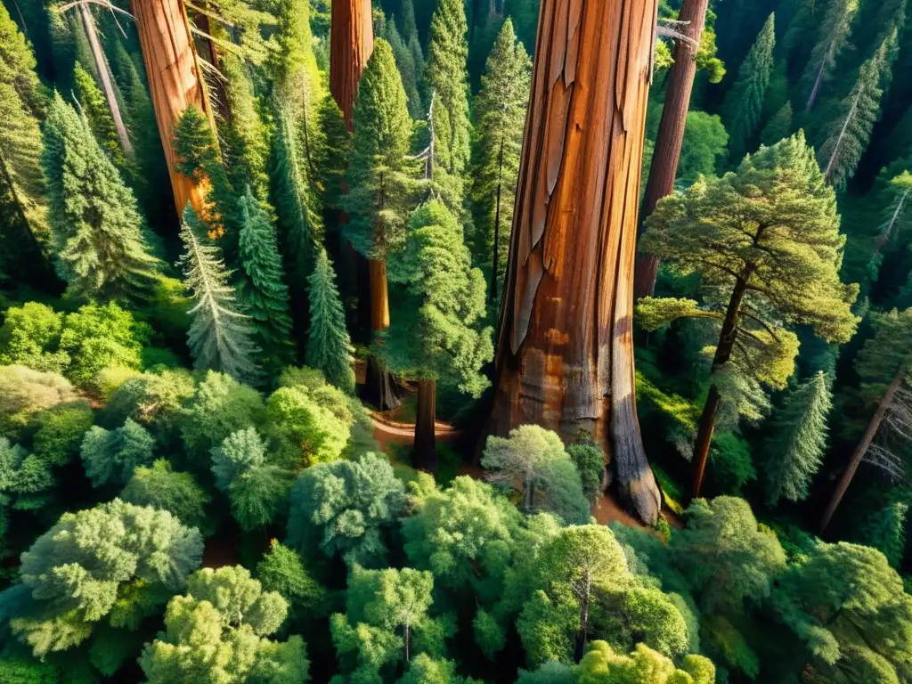 Bosque ancestral de secuoyas: majestuosidad y belleza Exploración de bosques de secuoyas milenarias desde una perspectiva aérea, con árboles majestuosos y un dosel verde exuberante