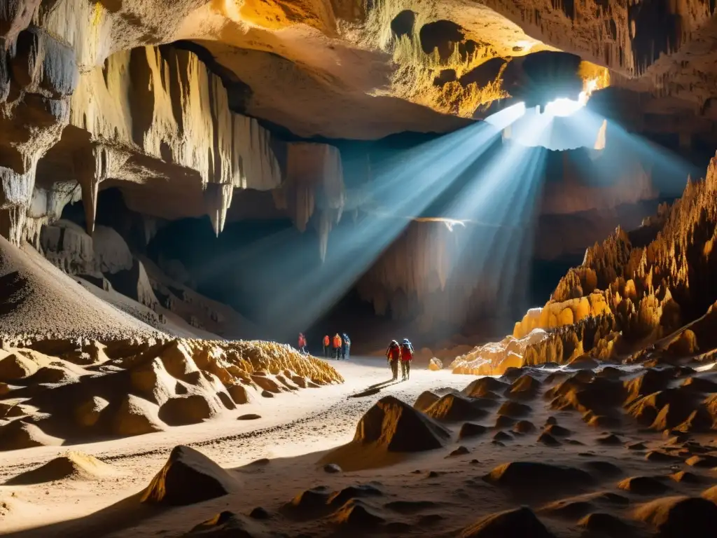 Maravilla subterránea: exploración en caverna con estalactitas gigantes Exploración de cavernas y cuevas misteriosas: Impresionante caverna subterránea iluminada por luz dorada, con estalactitas y estalagmitas de gran tamaño y detalle