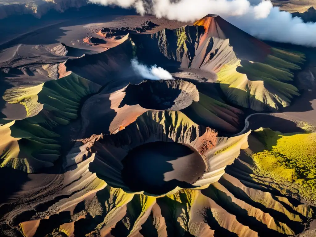 Exploración detallada de volcanes naturales: Fotografía aérea impactante de un cráter volcánico con paisaje rocoso y vegetación vibrante