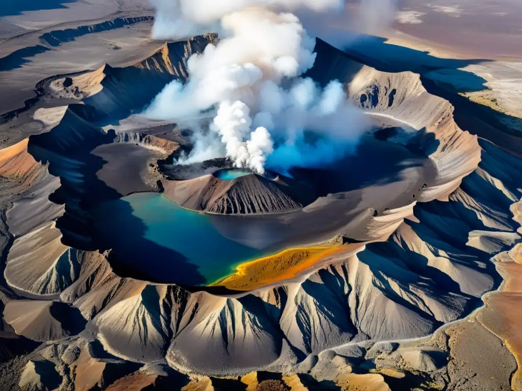 Exploración detallada de volcanes naturales: Cráter volcánico con vapor y depósitos minerales coloridos, rodeado de terreno árido y dramáticas sombras
