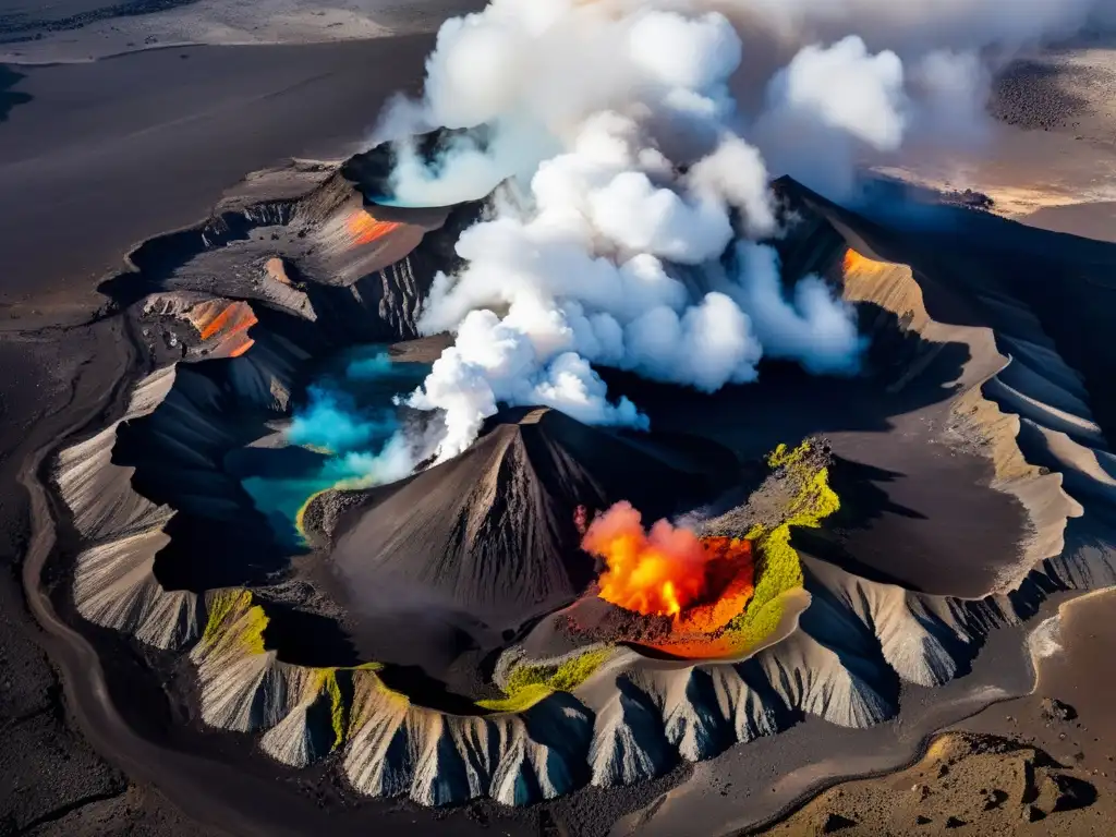 Exploración detallada de volcanes naturales: Impactante paisaje volcánico con terreno escarpado, vapores y colores vibrantes