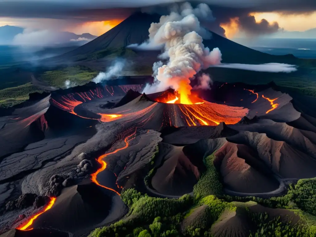 Exploración detallada de volcanes naturales: imagen impactante de un volcán activo con lava y nubes de ceniza, resaltando su belleza y poder natural