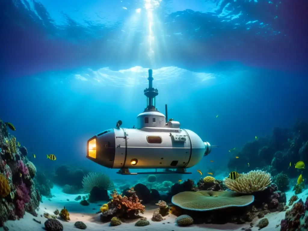 Exploración submarina: vida marina en un abismo Exploración de biodiversidad en fosas marinas: Submarino en ecosistema vibrante, iluminado por luces potentes, rodeado de vida marina única y colorida