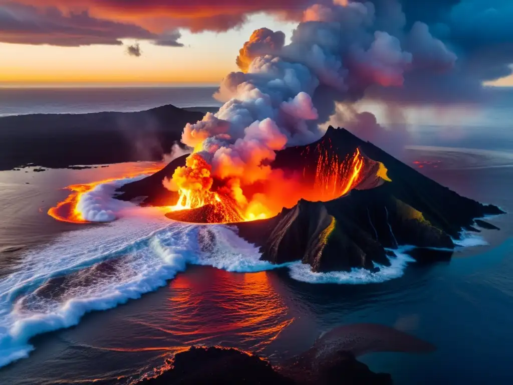 Erupción volcánica submarina: espectáculo asombroso y peligroso Exploración de volcanes submarinos: Impactante erupción submarina con lava incandescente y plumeros de ceniza y vapor