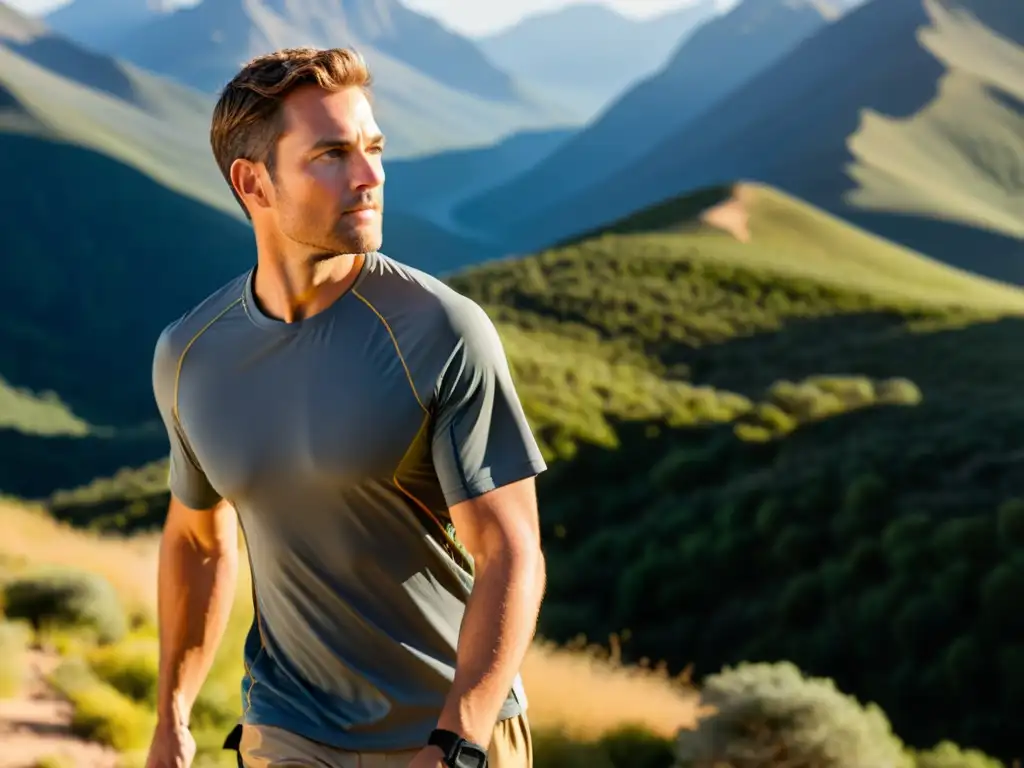 Camisa de senderismo con protección UV en acción Explorador usando una camisa de alto rendimiento con protección UV en un paisaje soleado y desafiante