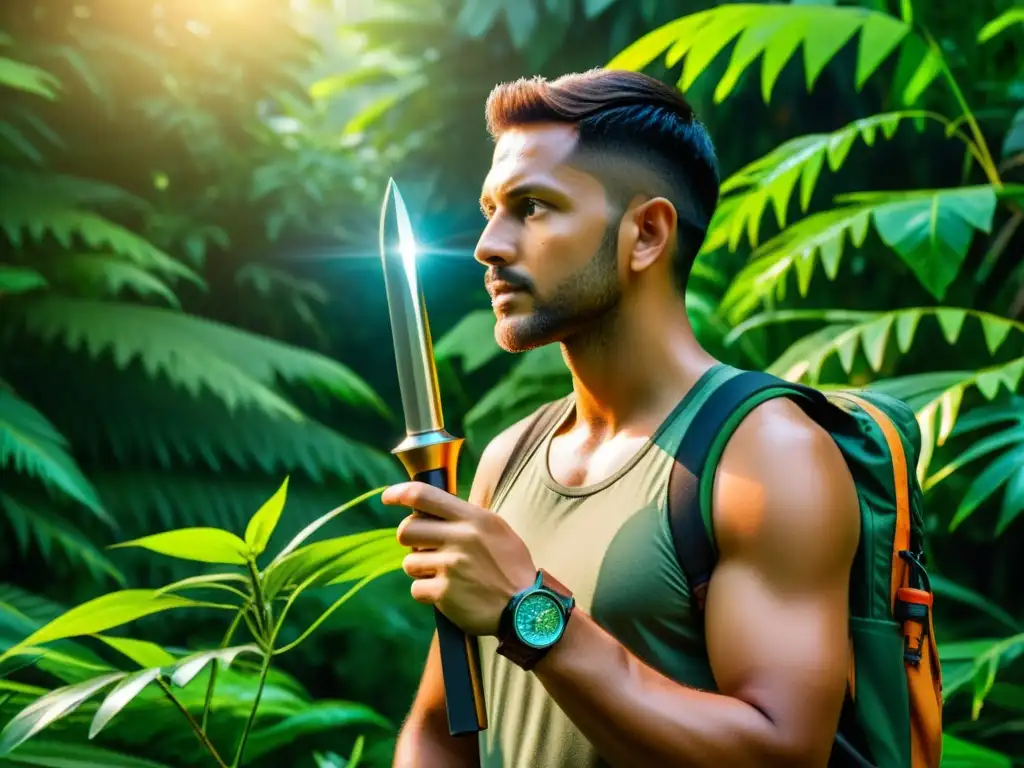 Explorador en la exuberante jungla con herramienta multifunción, iluminado por el cálido sol