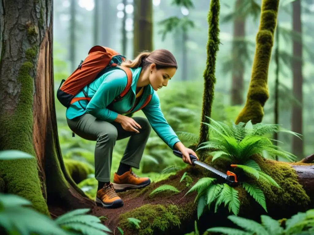 Explorador usando una herramienta multifunción para podar una rama en el exuberante bosque, resaltando su utilidad en la exploración de la naturaleza
