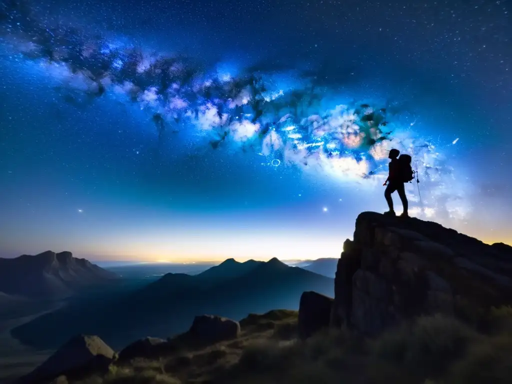 Explorador iluminando la noche en la montaña Un explorador iluminando la noche con su linterna en paisaje estrellado