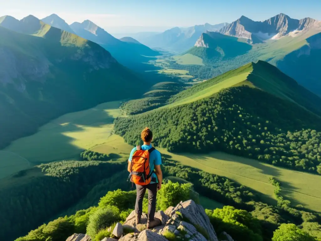 Explorador contemplando la majestuosidad de la naturaleza Un explorador contempla un paisaje montañoso al atardecer