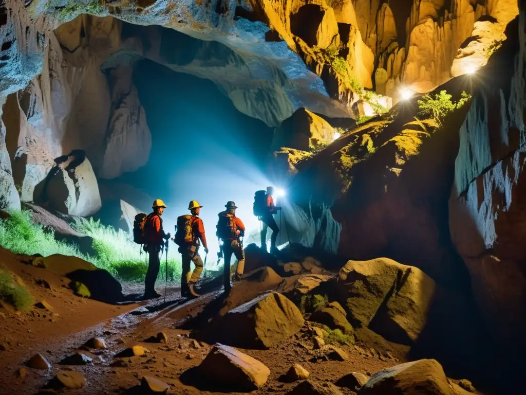 Exploradores desafían la oscuridad en busca de secretos subterráneos Exploradores en cavernas inaccesibles descubren secretos naturales en una atmósfera misteriosa y desafiante