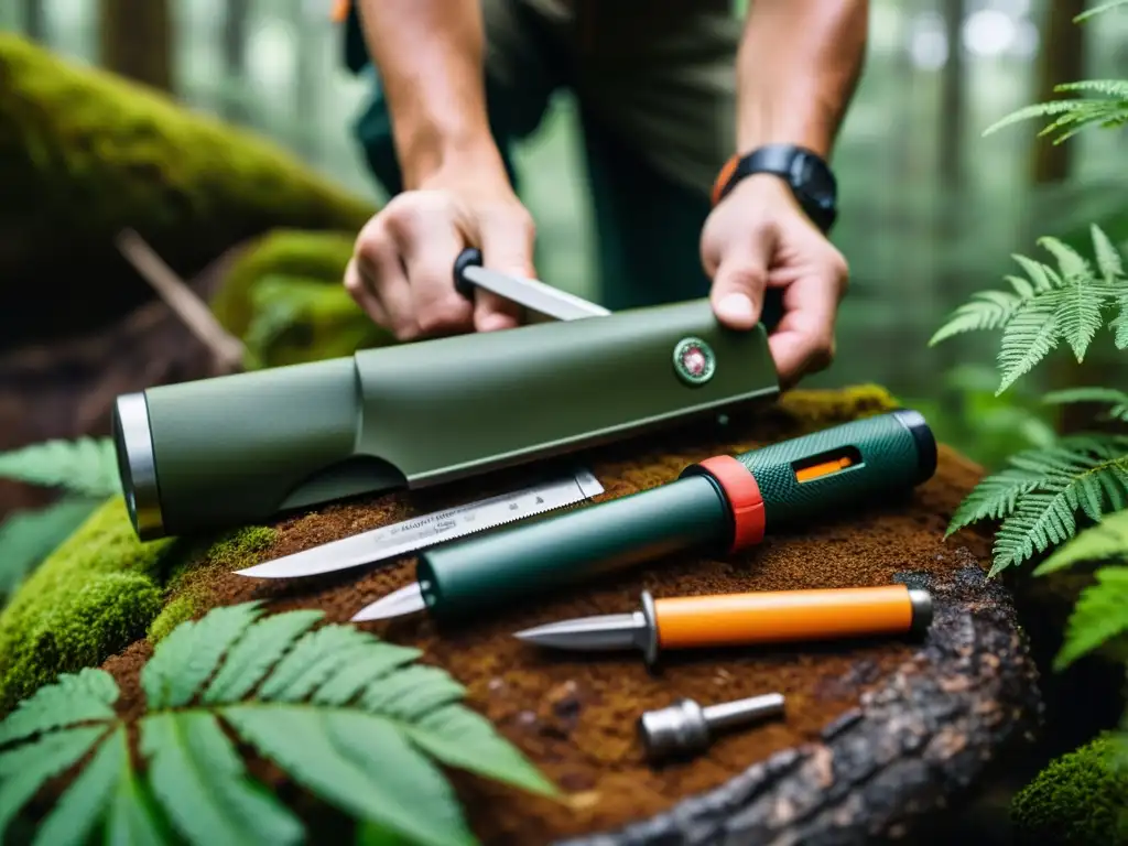 Exploradores confiados utilizan una herramienta multifunción en la exuberante naturaleza