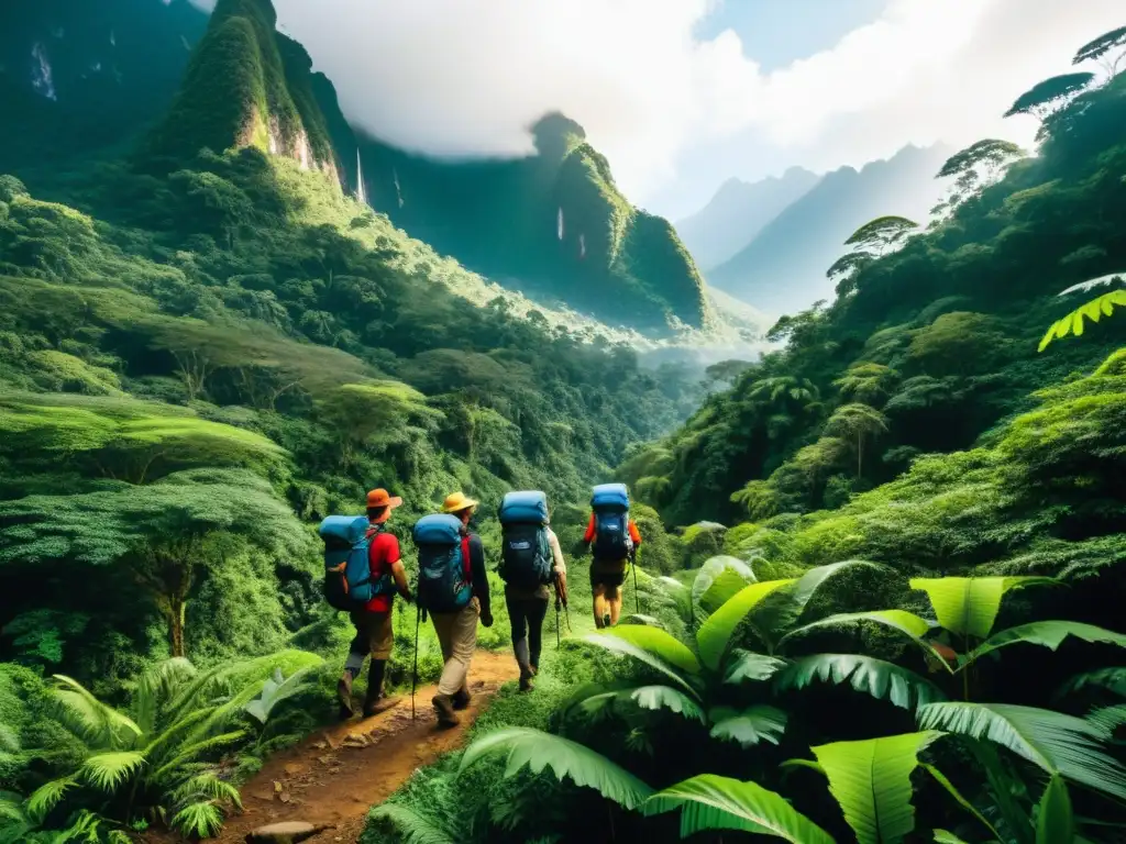 Exploradores en la selva, equipados con tecnología de punta Exploradores equipados para la aventura en lugares remotos exploración geográfica, rodeados de exuberante naturaleza y montañas imponentes