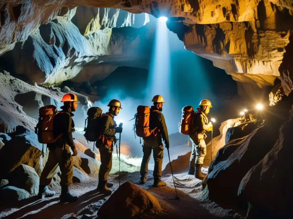 Exploradores en cueva: Aventura subterránea Exploradores equipados con cascos y linternas navegan con cuidado por una cueva subterránea, iluminada por una misteriosa luz