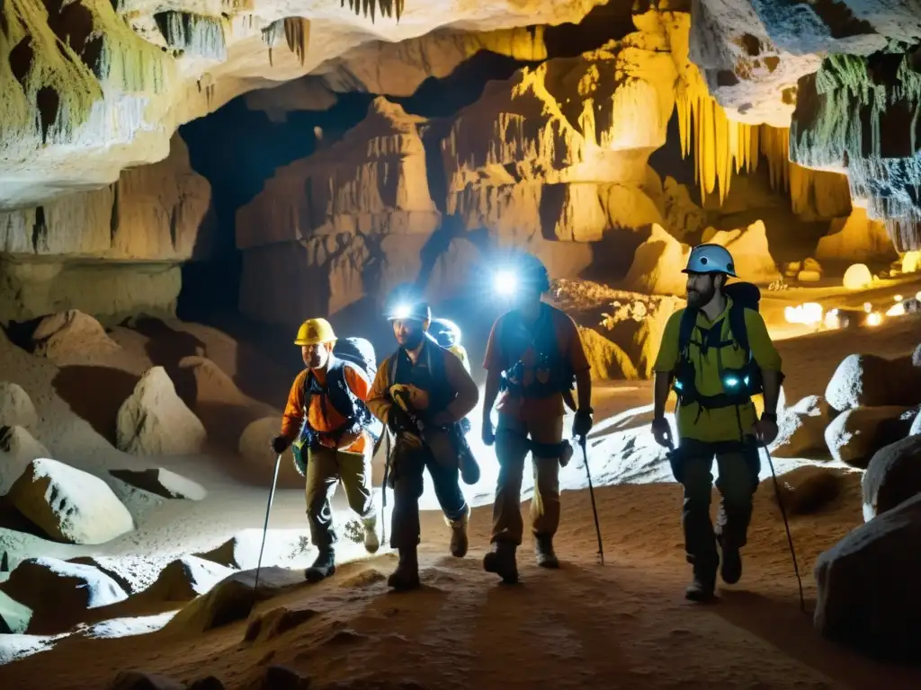 Exploradores intrépidos en cueva misteriosa Exploradores equipados con cascos y linternas, explorando una cueva subterránea iluminada por sus linternas