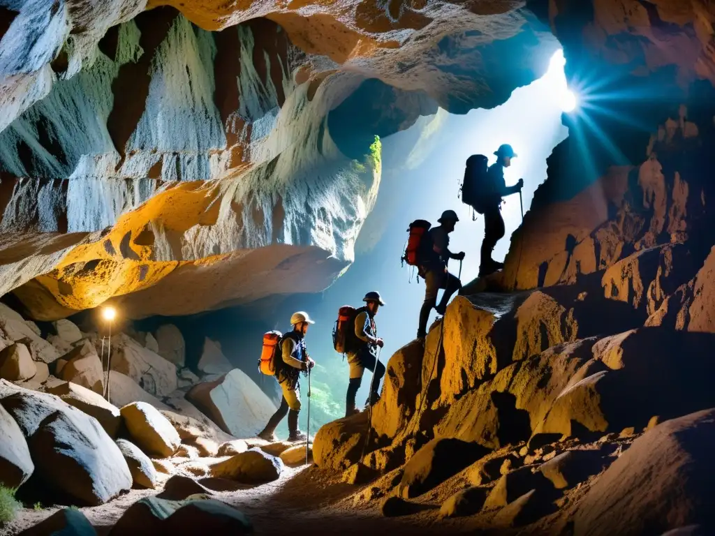 Exploradores en cueva: luces y sombras en la oscuridad Exploradores con equipo de espeleología exploran una cueva estrecha, iluminando formaciones subterráneas