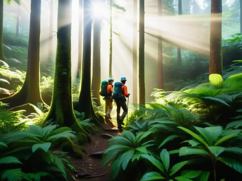 Exploradores con herramientas multifunción exploran la naturaleza exuberante de un bosque