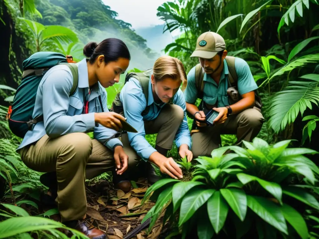 Exploradores usando herramientas multifunción para explorar la naturaleza salvaje con determinación y enfoque