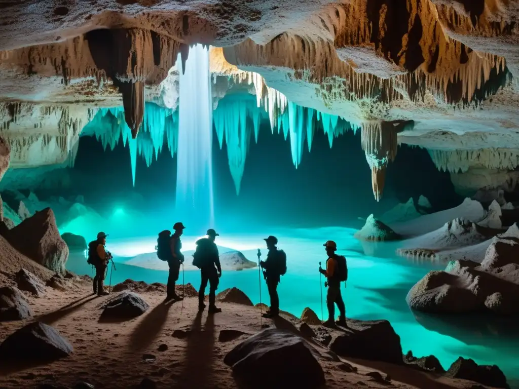 Exploración en Cueva: Maravillas Subterráneas Exploradores maravillados por las formaciones subterráneas en una cueva llena de maravillas naturales y bioluminiscencia