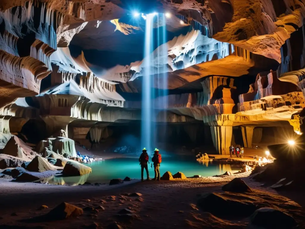 Exploración en la Caverna Subterránea: Maravillas Ocultas Exploradores maravillados en una inmensa caverna subterránea con estalactitas y formaciones rocosas