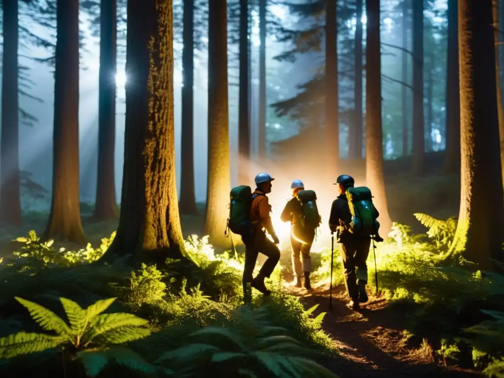 Exploradores nocturnos en el bosque: luces y sombras Exploradores iluminando la noche en un bosque denso con linternas y faroles para exploraciones nocturnas, transmitiendo emoción y misterio