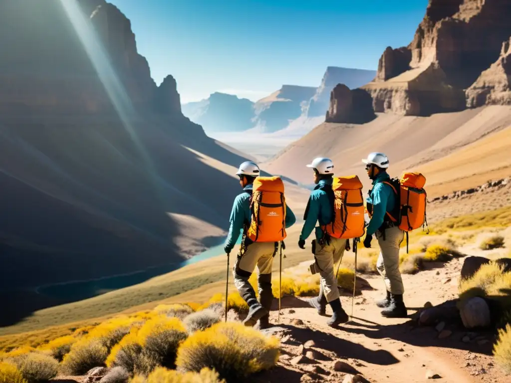 Exploradores preparados con ropa UV en terreno desafiante Exploradores con ropa de protección UV avanzada enfrentan terreno desafiante