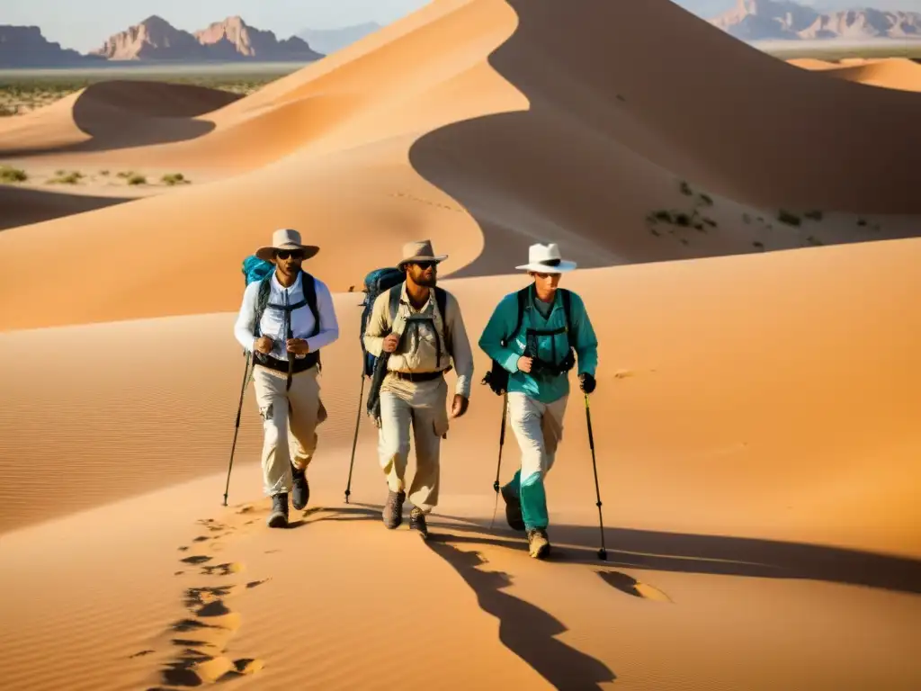 Exploradores en el desierto con ropa de protección UV Exploradores con ropa de protección UV atraviesan un desierto soleado