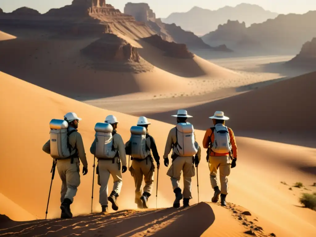 Exploradores en Desierto Soleado con Ropa UV Exploradores con ropas de protección UV enfrentando desafíos en un paisaje desértico bañado por el sol