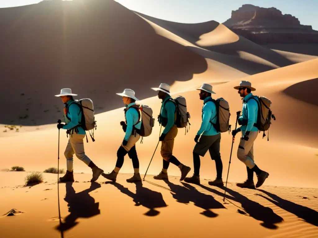 Exploradores protegidos: travesía en el desierto Exploradores ajustando sus ropas con protección UV en un paisaje desértico, resaltando su funcionalidad y durabilidad para aventuras al aire libre