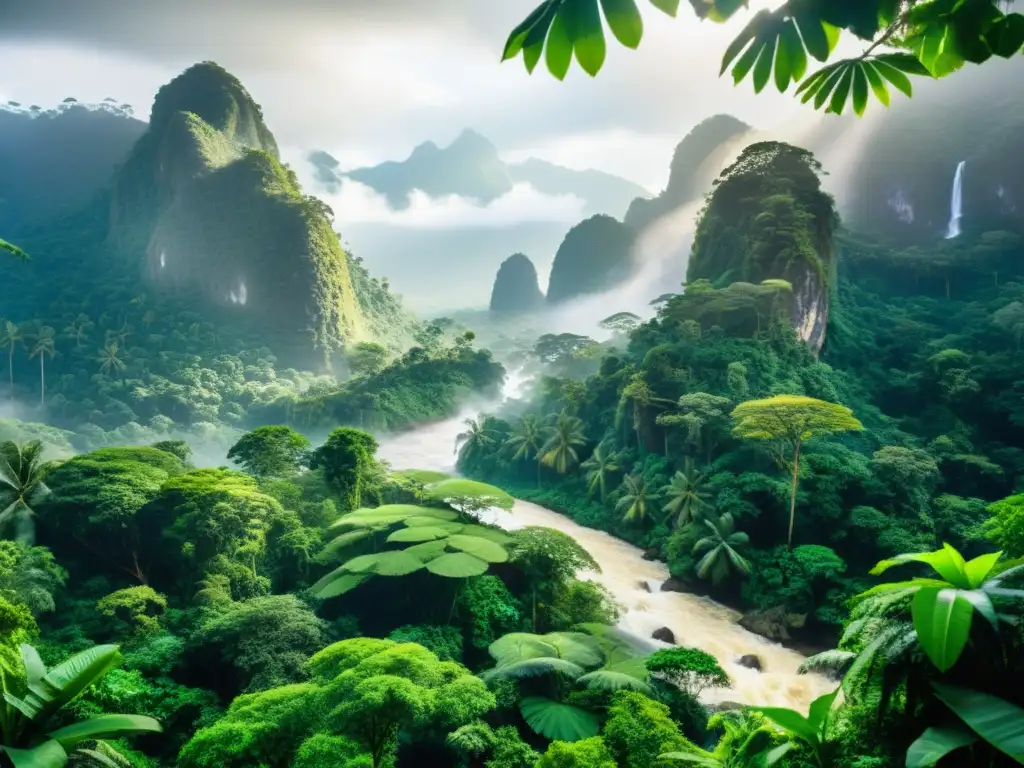 Selva exuberante: misterio y diversidad en la naturaleza Un exuberante y denso bosque con árboles inmensos, follaje verde vibrante y rayos de sol que se abren paso a través del dosel
