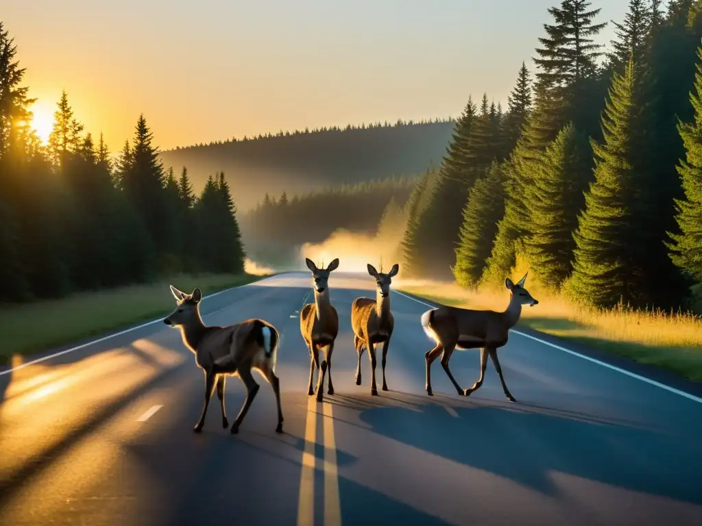 Deer en peligro: impacto de la carretera al atardecer Una familia de ciervos cruza cautelosamente una carretera al atardecer, con las siluetas resaltadas por las luces de un carro
