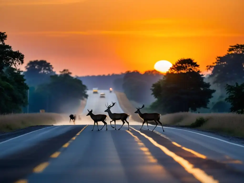 Deer cruzando la carretera al atardecer: la naturaleza vs Una familia de ciervos cruza cautelosamente la carretera al atardecer, con la luz anaranjada del sol poniente como telón de fondo