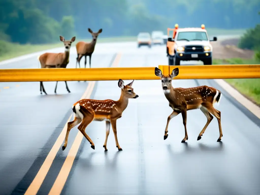 Deers crossing highway, impacto de la construcción en la vida silvestre Familia de ciervos cruza cautelosamente una carretera en construcción, destacando el impacto de la construcción en la fauna salvaje