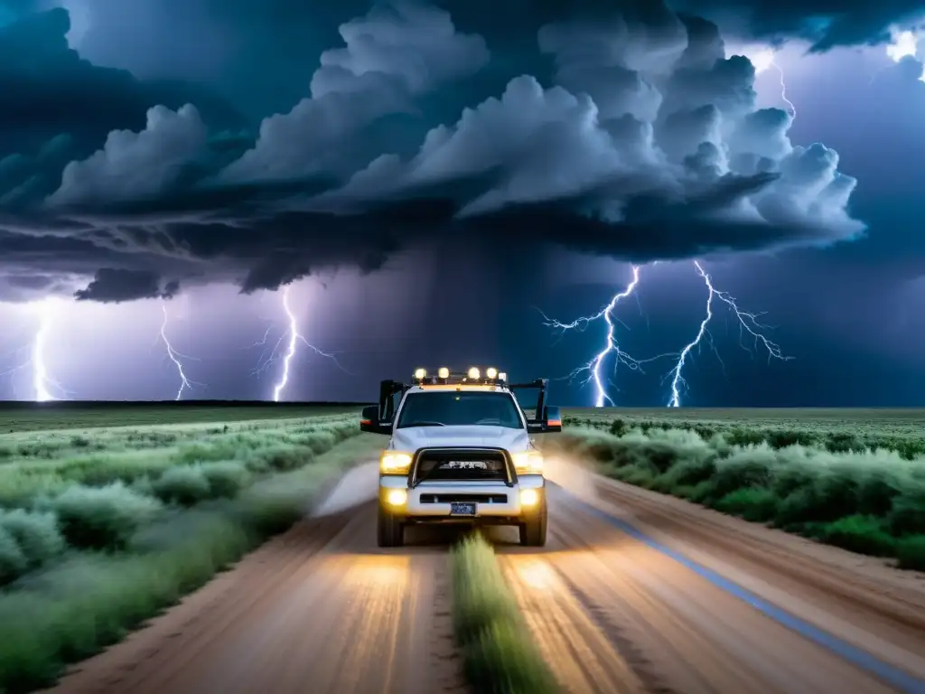 Fenómenos meteorológicos extremos cazadores persiguen una tormenta en un vehículo resistente bajo nubes amenazadoras y relámpagos lejanos