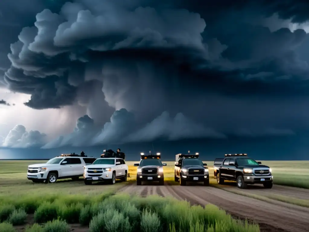 Fenómenos meteorológicos extremos cazadores se preparan para enfrentar una tormenta ominosa en un campo vasto y abierto