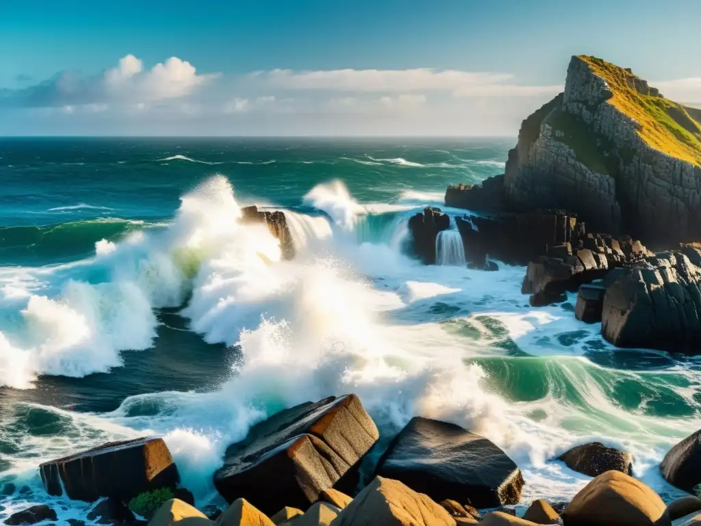 Mareas vivas: impactante costa rocosa en alta marea Explorando fenómenos naturales océano: impresionante costa rocosa durante marea alta, con olas poderosas chocando contra las rocas