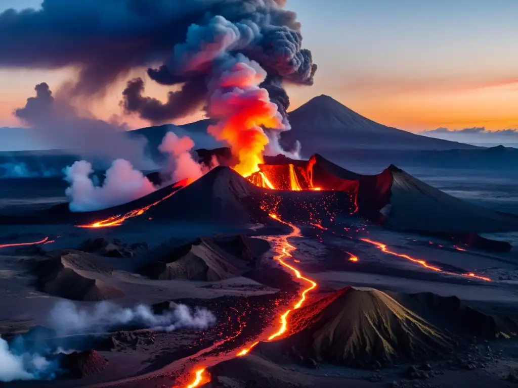 Erupción volcánica al atardecer: espectáculo de lava incandescente Fenómenos ópticos en erupciones volcánicas: espectáculo de lava roja, naranja y amarilla contra el cielo azul oscuro, con sombras dramáticas