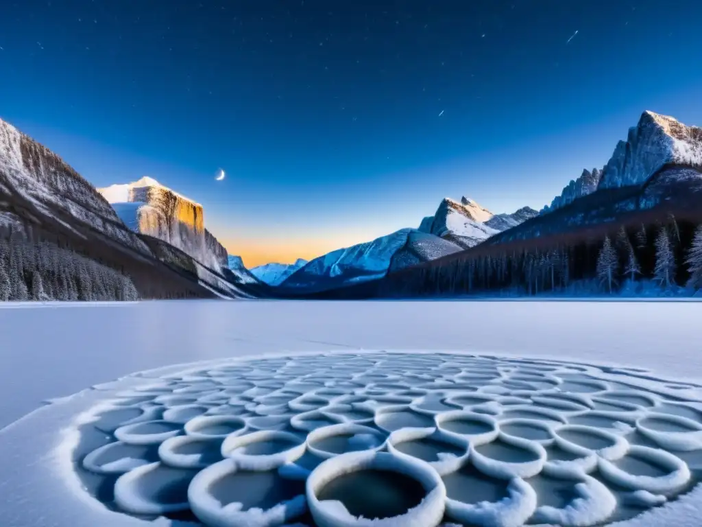 Espectacular lago helado: círculos de hielo bajo la luna Formaciones misteriosas de círculos de hielo sobre aguas frías, bajo un cielo estrellado y tranquilo