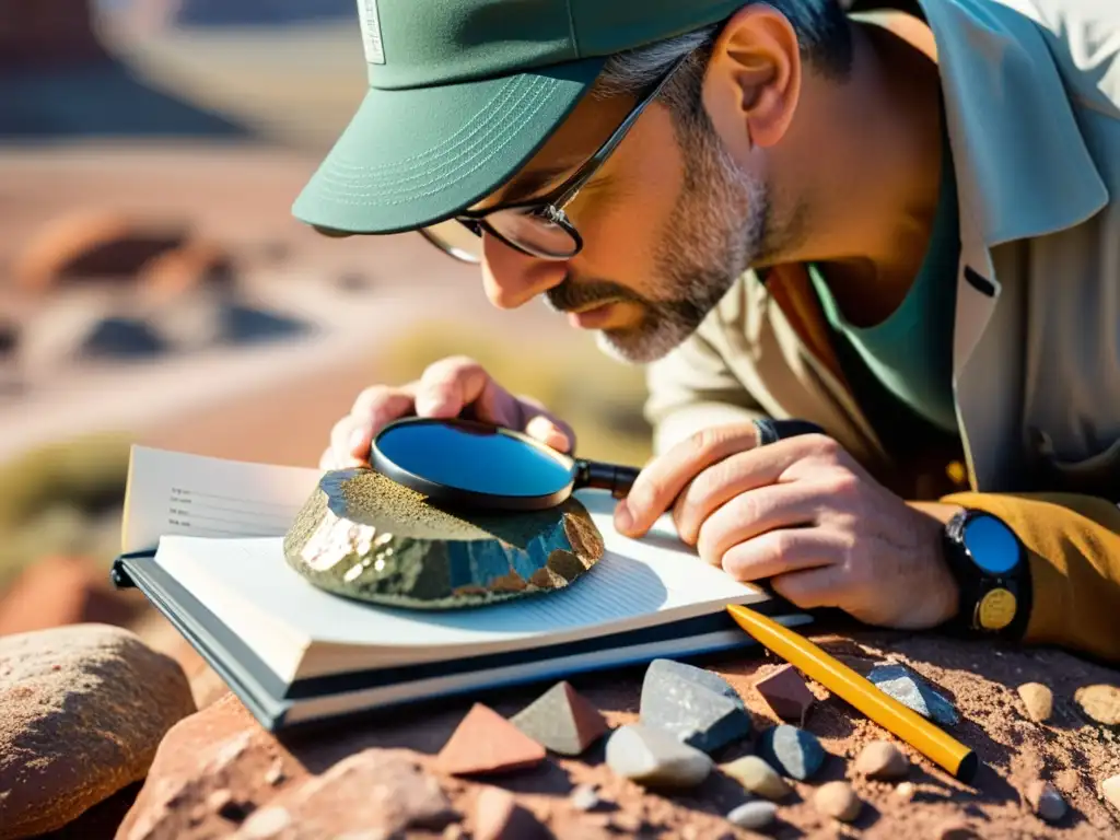Geólogo examinando detalladamente formación rocosa Un geólogo examina detalladamente formaciones rocosas al aire libre con herramientas geológicas