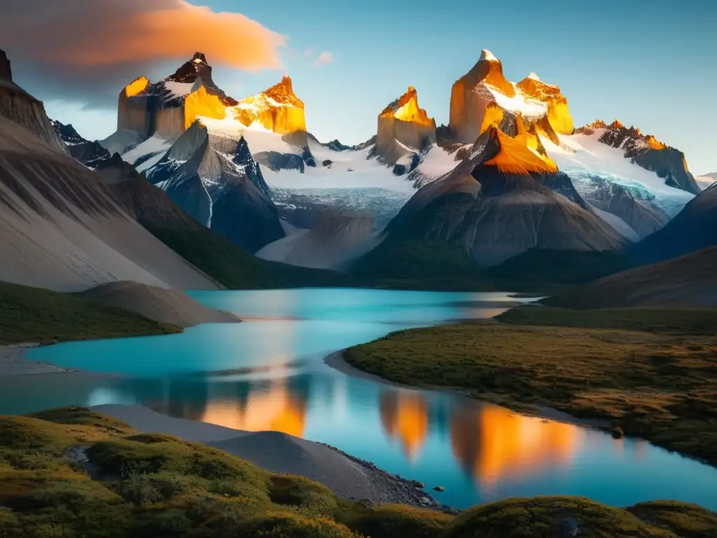 Torres del Paine: Atardecer en 8k Formaciones rocosas naturales impresionantes en el Parque Nacional Torres del Paine, Chile, bañadas por el cálido resplandor del atardecer