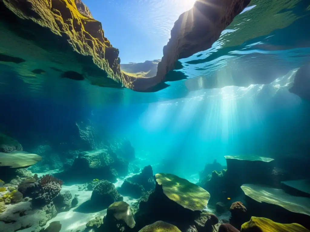 Misterios del cañón submarino: luces y formas fascinantes Explora las formaciones terrestres ocultas bajo el agua en este impresionante paisaje submarino con acantilados, cuevas y vida marina diversa