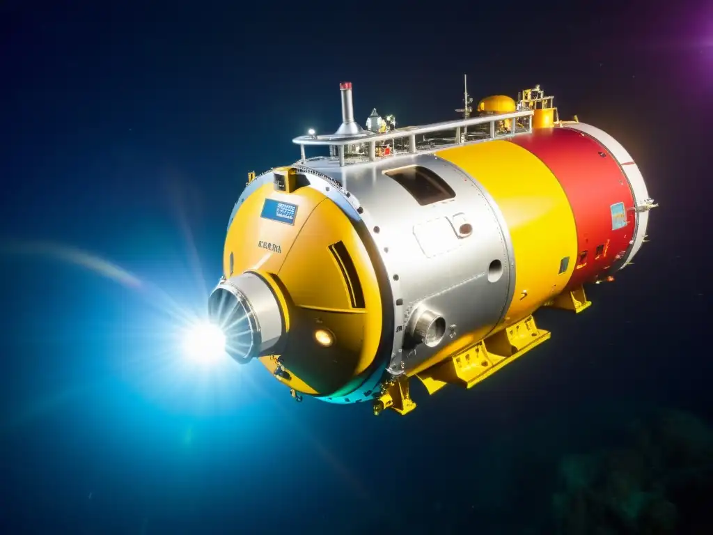 Exploración en la Fosa de las Marianas: Maravillas Submarinas Exploración científica de fosas oceánicas: Submarino explorando el Mariana Trench, con luces que iluminan la belleza del fondo marino