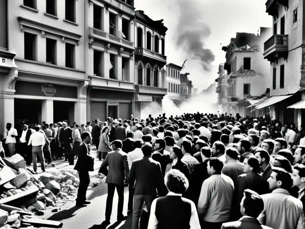 Foto en blanco y negro de una calle de ciudad abarrotada con daños por terremoto